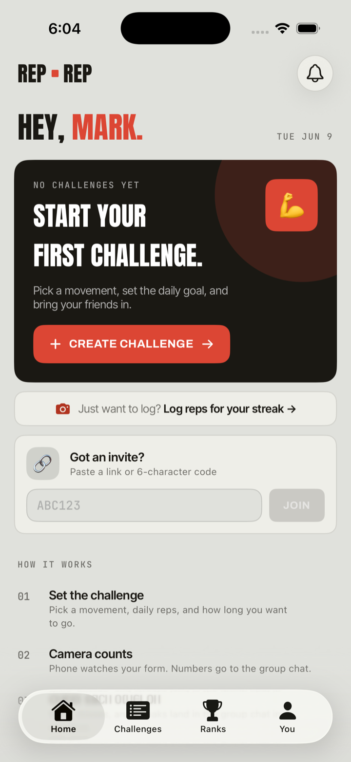 Rep Ref home screen — start your first challenge